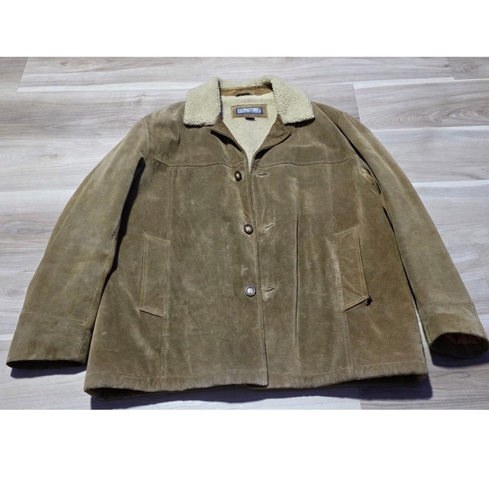 Structure Genuine Leather Suede Jacket Sherpa Lined Coat Vintage Brown Large Men
